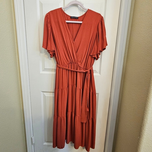 Simplee Plus Rust Orange Midi Dress Tiered Skirt 3XL - Picture 3 of 16